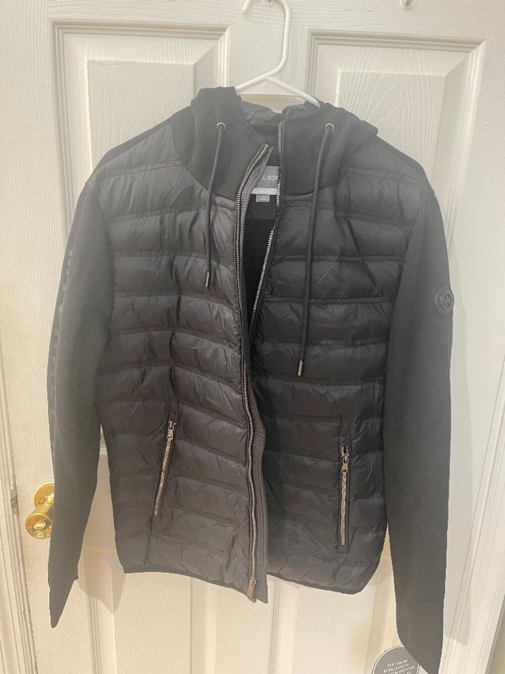 Michael Kors Black Mixed Media Puffer Hooded Jacket Full Zip